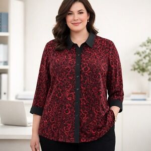 Catherines Womens 3X Shirt Red Black Dark Romance Office Career Plus